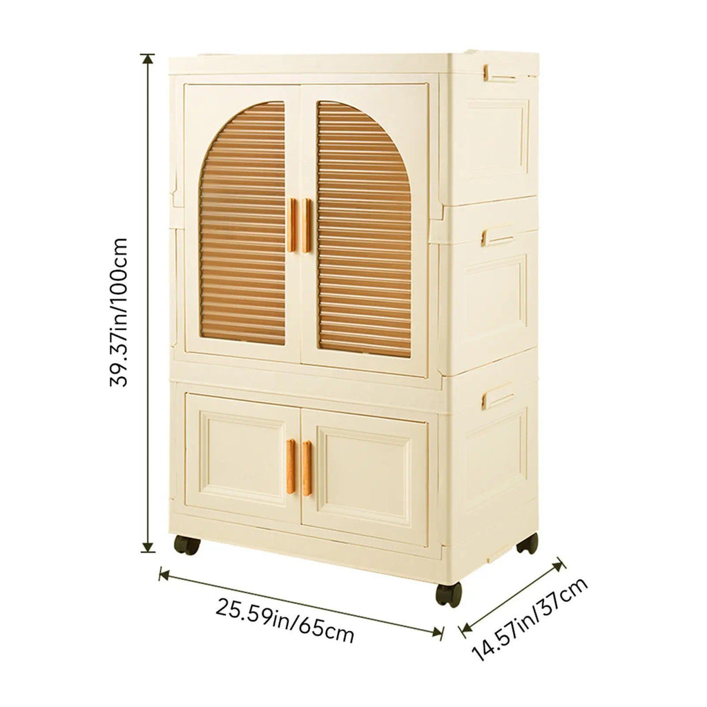 Cream White Foldable Plastic Baby Wardrobe, Kids Storage Organizer with Magnetic Doors, Transparent Panels & Lockable Wheels, Portable Clothing & Toy Storage Cabinet for Nursery & Kids Bedroom
