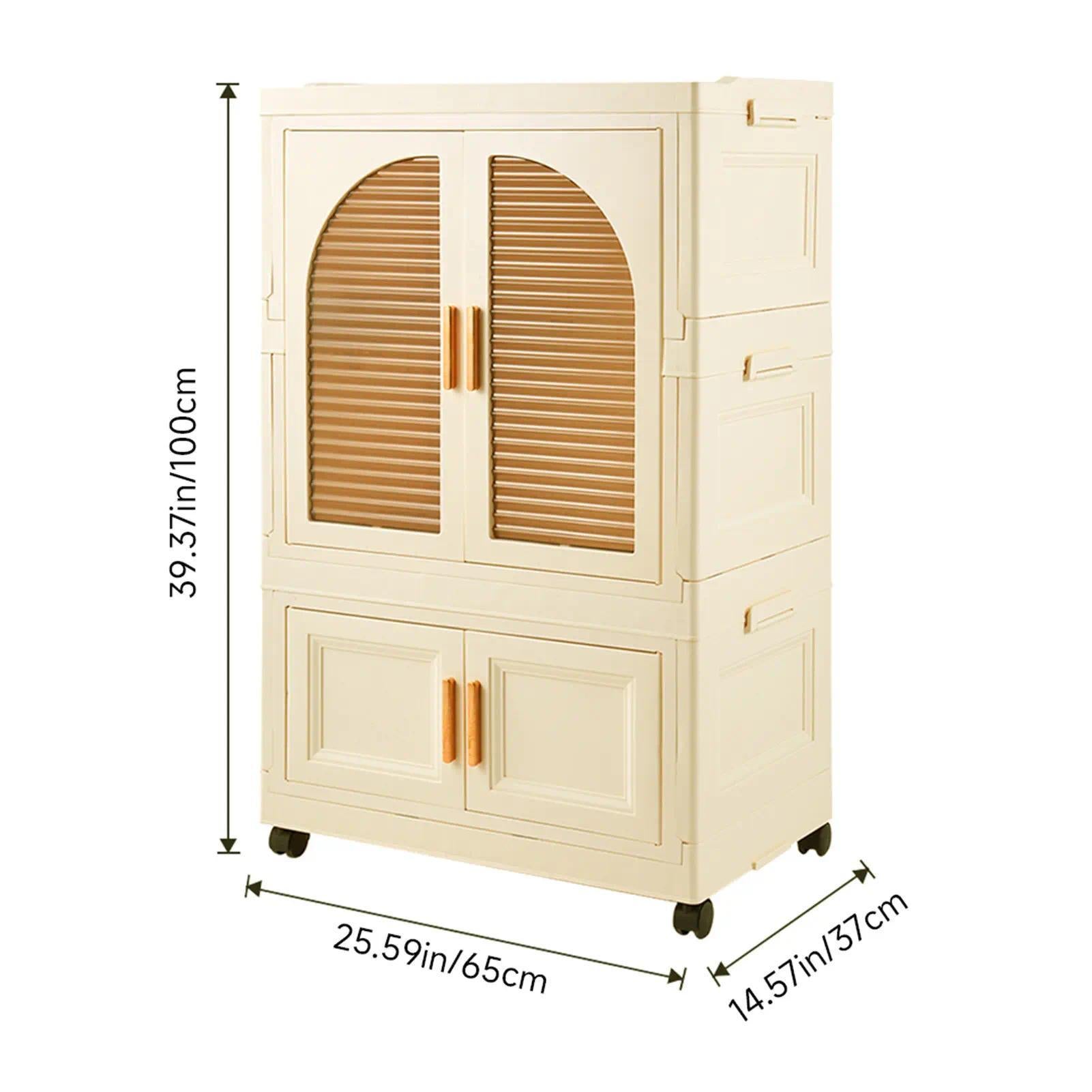 Cream White Foldable Plastic Baby Wardrobe, Kids Storage Organizer with Magnetic Doors, Transparent Panels & Lockable Wheels, Portable Clothing & Toy Storage Cabinet for Nursery & Kids Bedroom