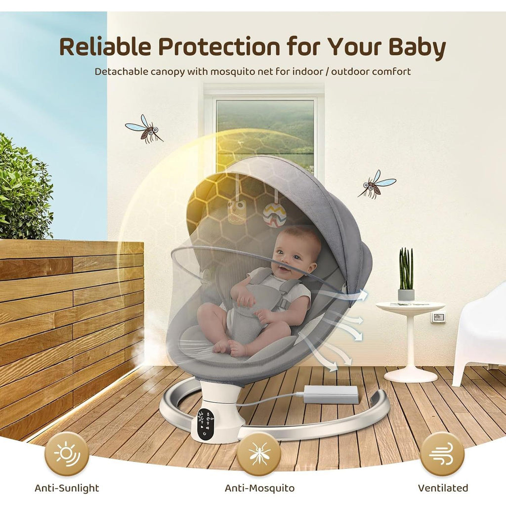 Electric Baby Swing for Infant, Upgraded 5 Point Harness Baby Bouncer Chair with 5 Swing Speeds 3 Timers and 10 Music, APP/Remote/IMD Panel Control Newborn Toddler Swing Chair (Light Grey)