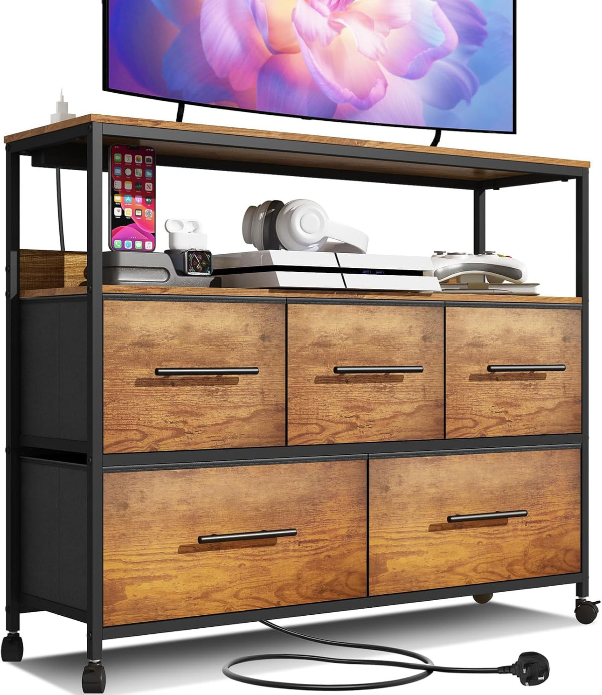 Chest of Drawers with Charging Station, Bedroom Dresser with 5 Fabric Drawers, TV Stand with Storage Shelf, 4 Castors and Metal Frame (Black)