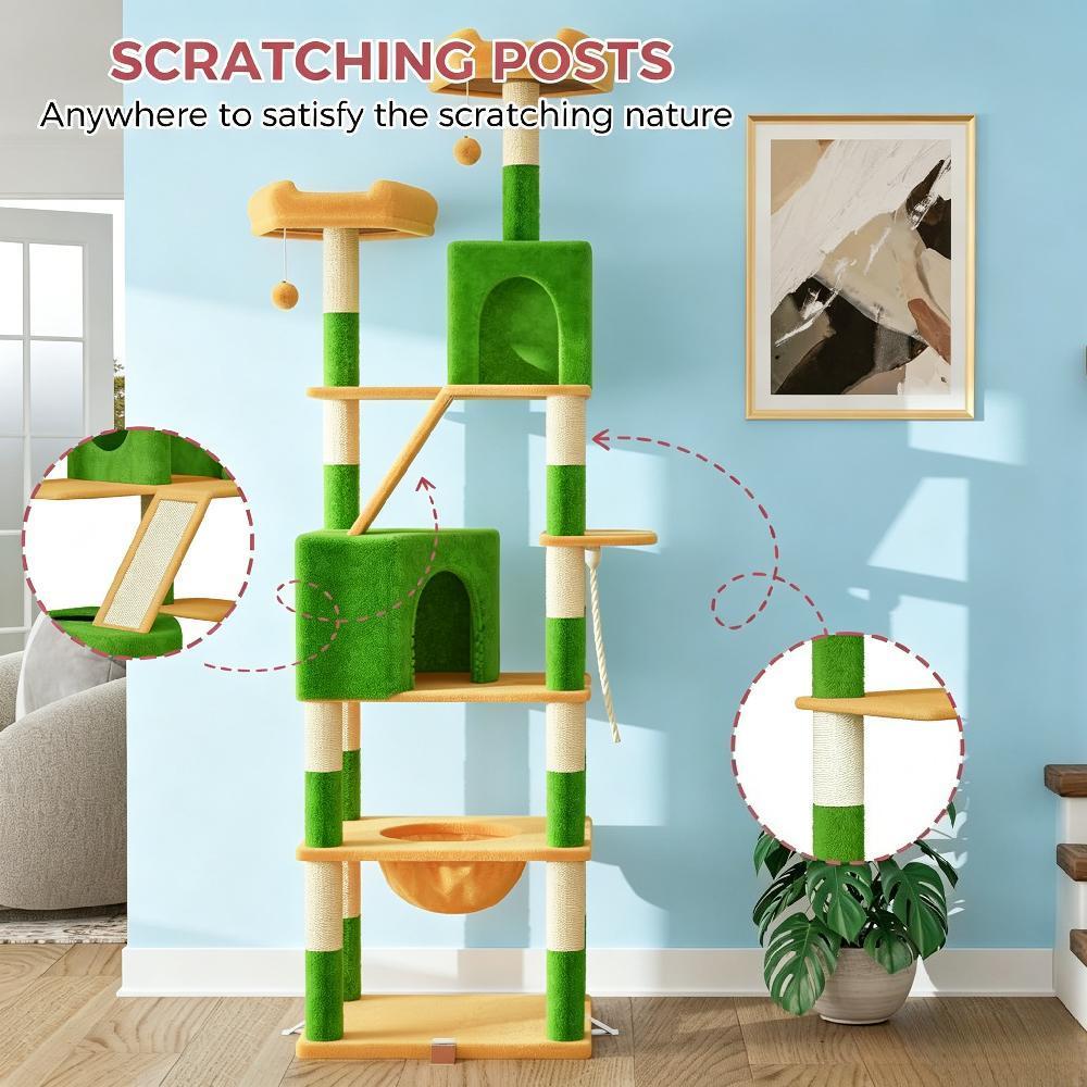 208cm Extra Large Cat Tree, Multi-level Scratching Post Climbing Tower with Hammock Basket, Activity Centre for Playful Cats [Plus A Free Gift]