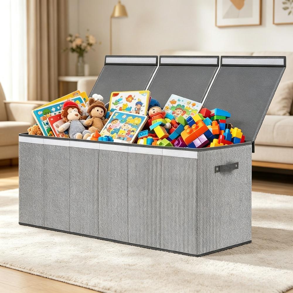 147L Large Foldable Toy Storage Box for Kids, Flip-Top Lid Organiser Chest for Clothes and Toys, Grey Storage Container for Bedroom Playroom Kindergarten [Plus A Free Gift]