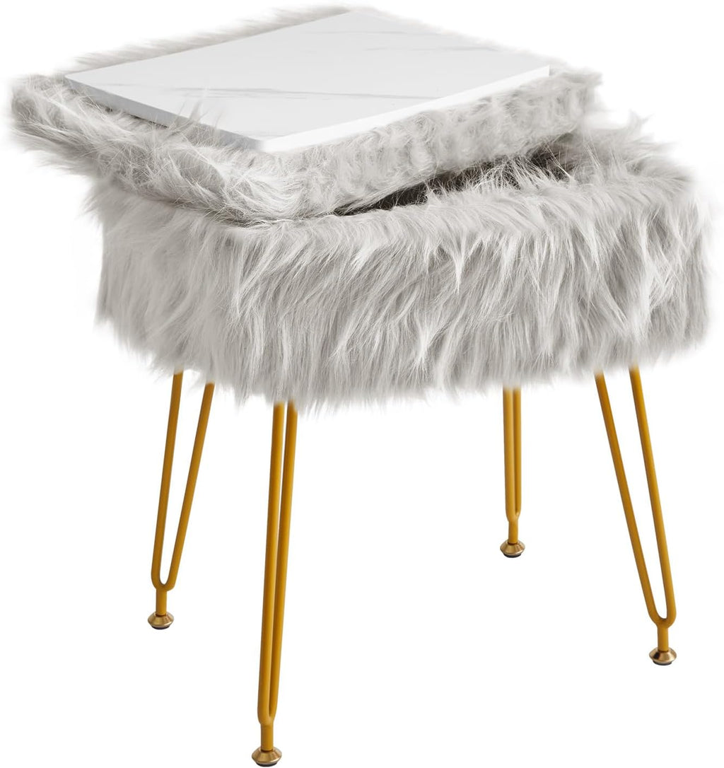 Rectangular Faux Fur Vanity Stool with Storage, Furry Makeup Chair Ottoman, Soft Padded Seat, Round Footrest Footstools with 4 Metal Legs, for Living Room Bedroom Entryway,