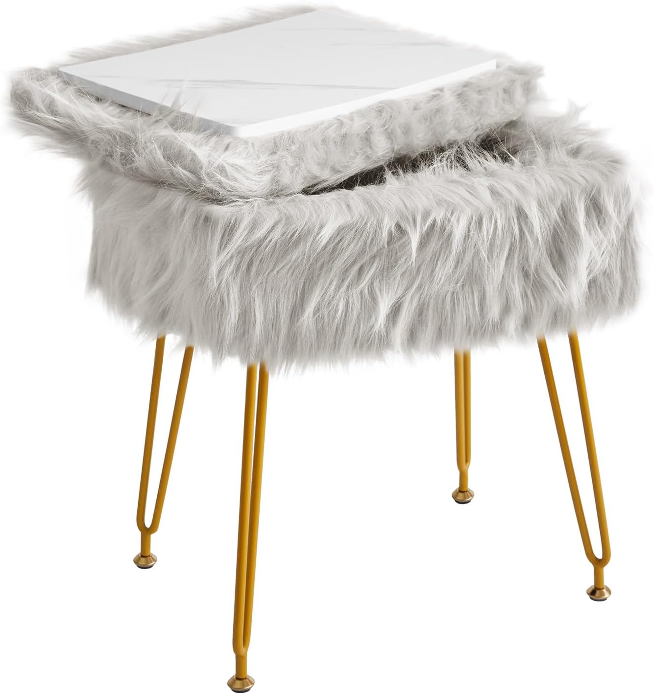 Rectangular Faux Fur Vanity Stool with Storage, Furry Makeup Chair Ottoman, Soft Padded Seat, Round Footrest Footstools with 4 Metal Legs, for Living Room Bedroom Entryway,