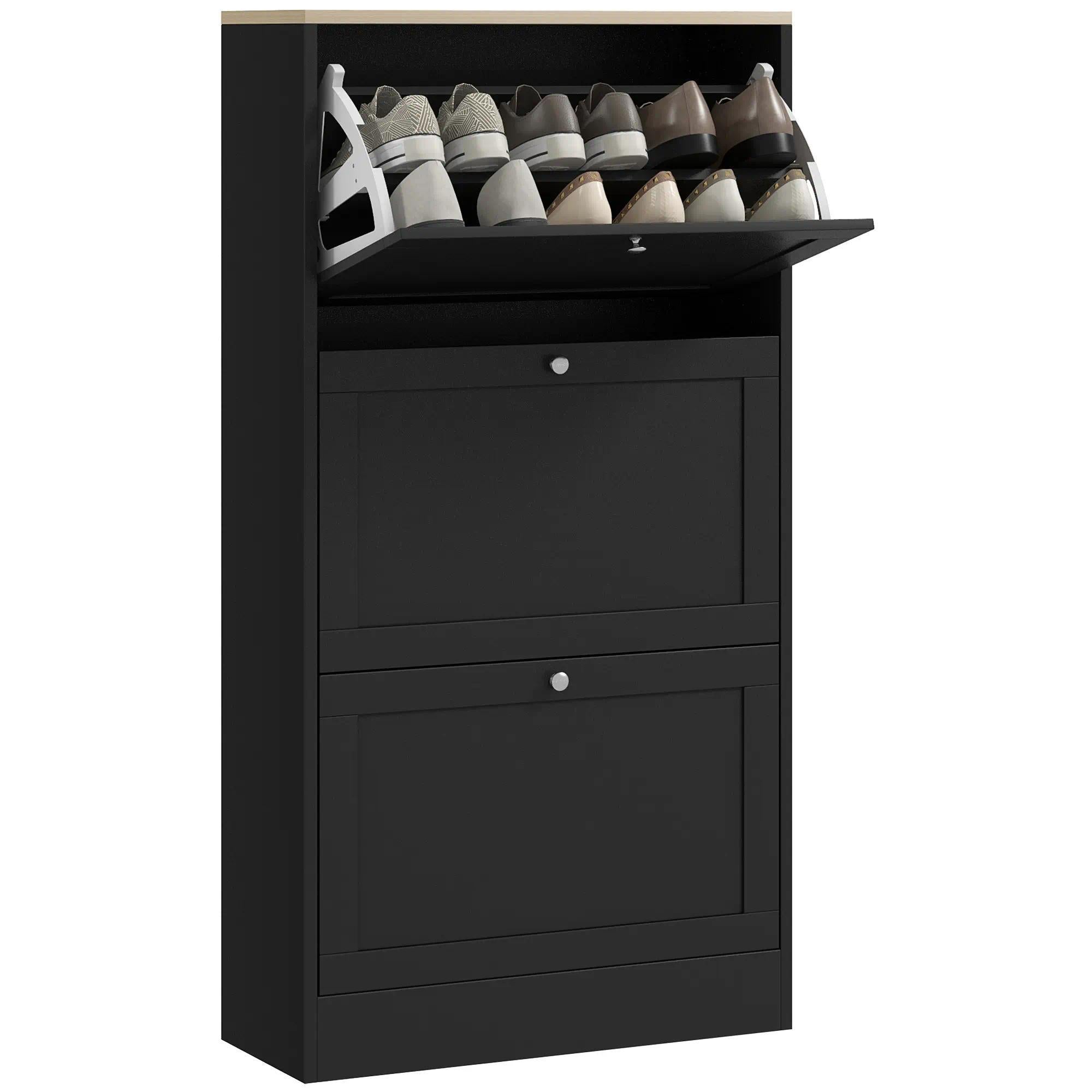 Black Slim Freestanding Shoe Cabinet, 3 Flip-Tilt Drawers Narrow Hidden Shoe Storage Organizer with Adjustable Shelf, Holds 12-18 Pairs of Shoes, Space-Saving Shoe Rack for Entryway, Hallway, Bedroom Home Furniture