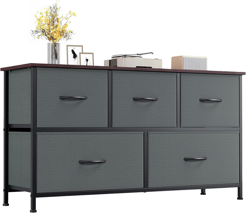 5 Drawers Faux Leather Chest of Drawers Wide Storage Organiser Dresser White Multi-Use Nightstand TV Stand Cabinet for Bedroom Closet Nursery Entryway Hallway 30 x 100 x 55 cm