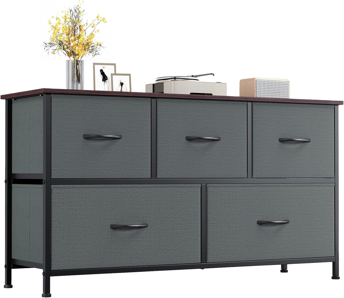 5 Drawers Faux Leather Chest of Drawers Wide Storage Organiser Dresser White Multi-Use Nightstand TV Stand Cabinet for Bedroom Closet Nursery Entryway Hallway 30 x 100 x 55 cm