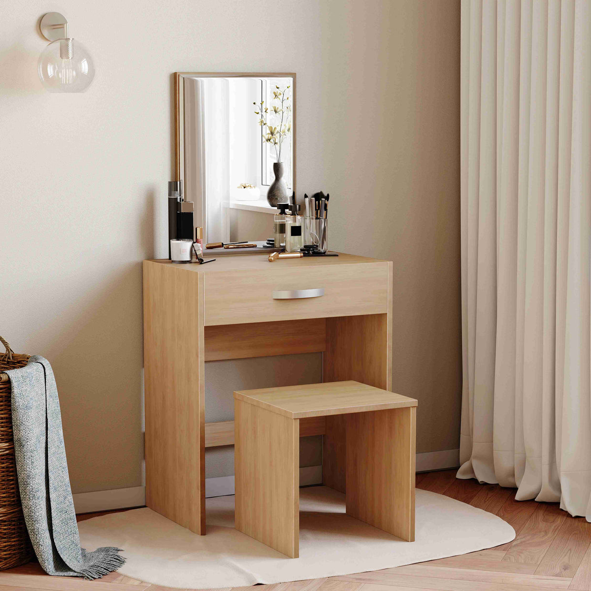 Dressing Table 1 Drawer Mirror & Stool Bedroom Set Makeup Vanity Cosmetics Storage Desk Dresser Furniture