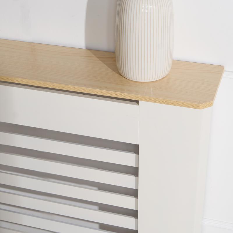 Modern Horizontal Slatted MDF Radiator Cover Grill Shelf Cabinet Black w/ Natural Wood Top for Living Room Hallway Entryway Bedroom Stylish Furniture Protection & Storage