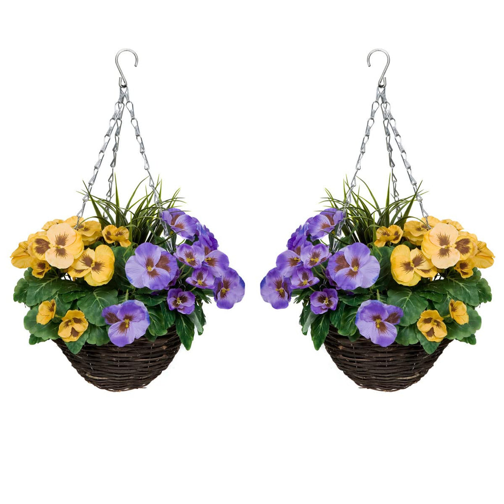 2 Pcs Coco Coir Artificial Hanging Planters, Fake Pink White Pansies Floral Arrangement with Decorative Grasses, UV Waterproof Hanging Basket for Indoor Outdoor Garden Decor