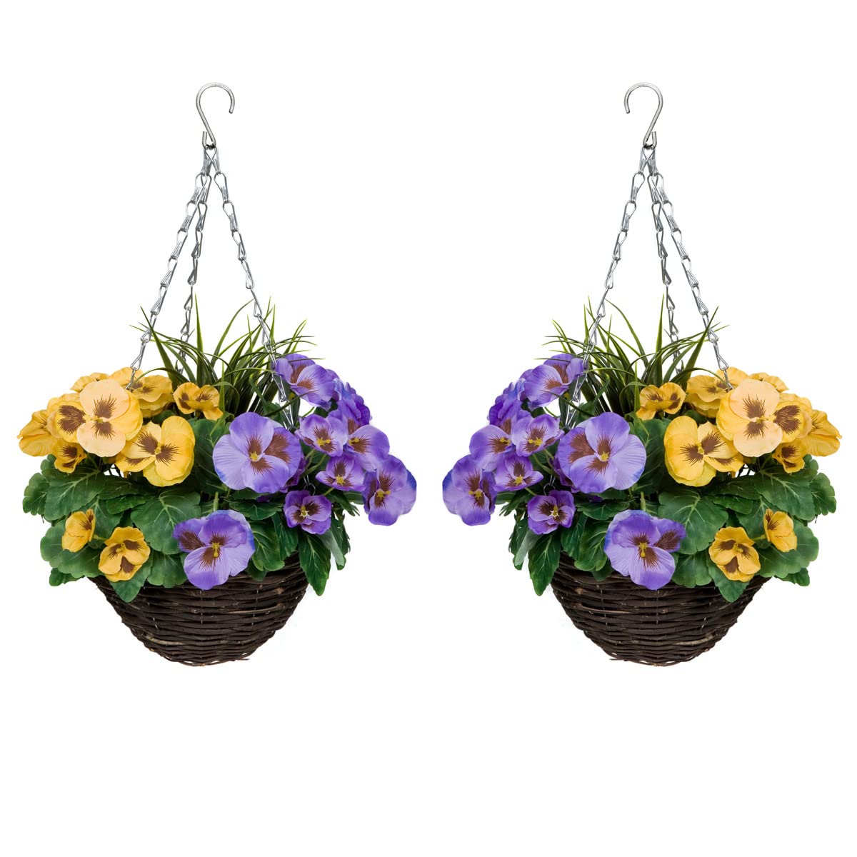 2 Pcs Coco Coir Artificial Hanging Planters, Fake Pink White Pansies Floral Arrangement with Decorative Grasses, UV Waterproof Hanging Basket for Indoor Outdoor Garden Decor