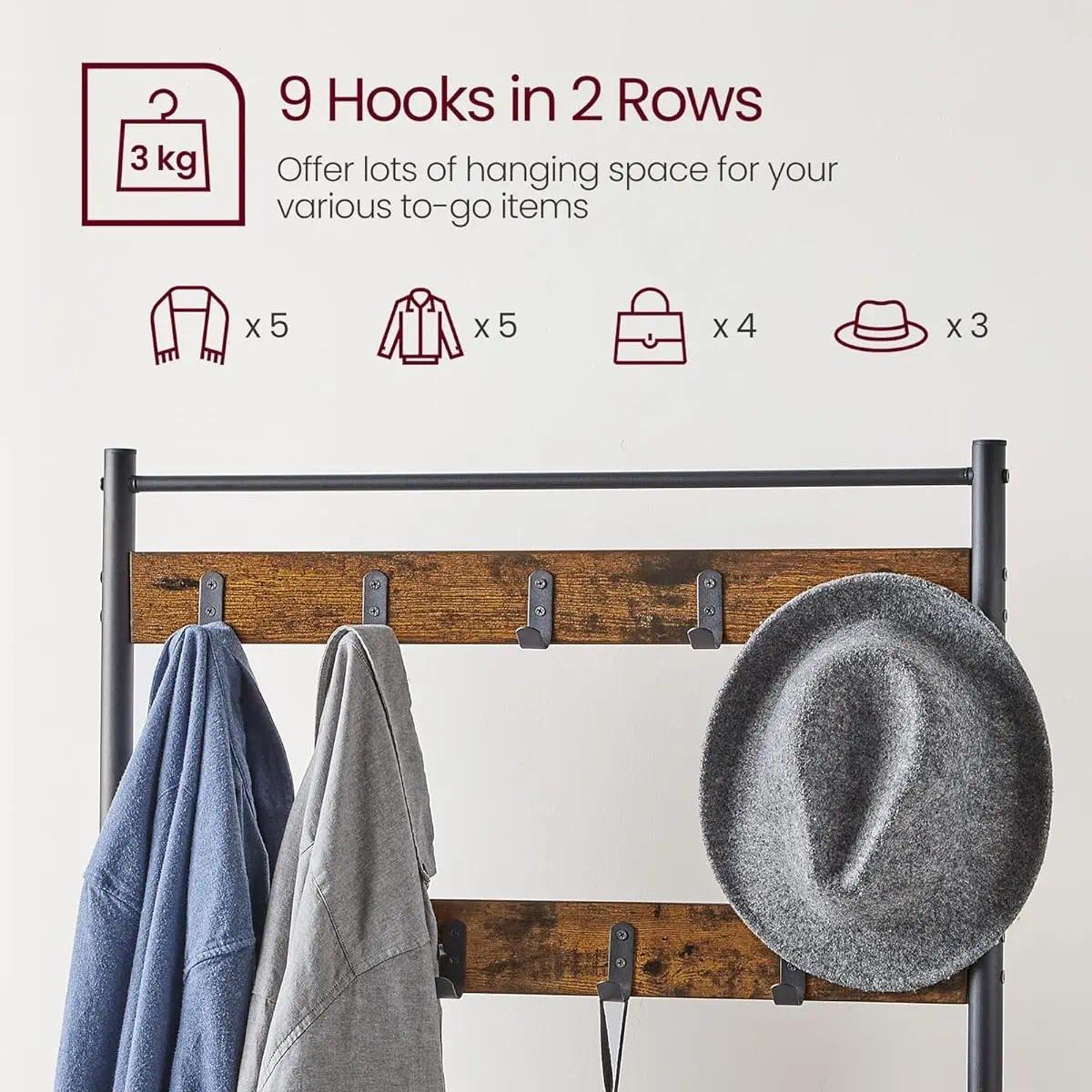 Industrial Style Hall Tree Coat Rack, Entryway Clothes Stand with Bench, Shoe Shelves & 9 Hooks, Metal Frame Shoe Bench Organizer for Hallway Cloakroom Home Storage