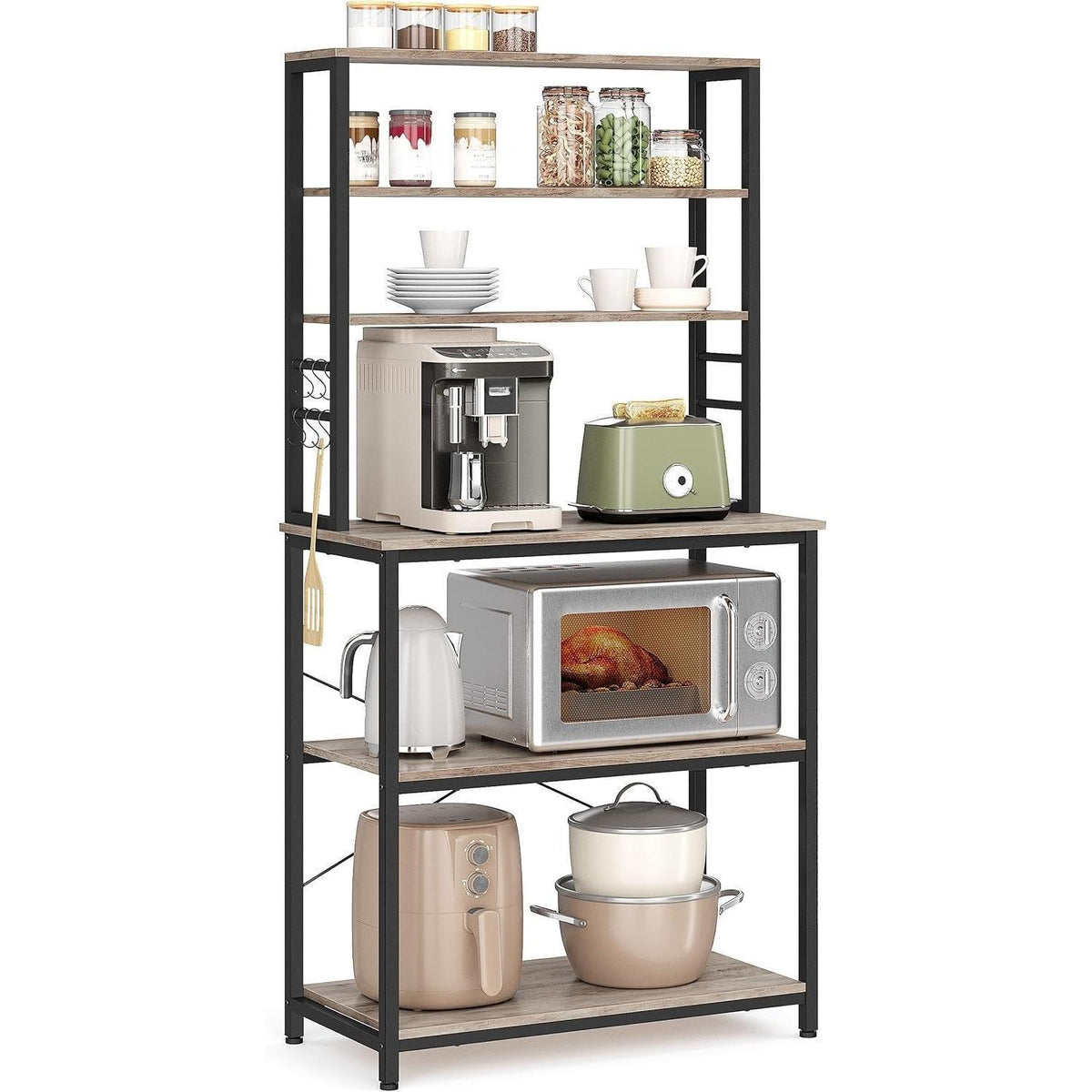 6‑Tier Heavy‑Duty Baker’s Rack with 6 Hooks, Freestanding Microwave Coffee Bar Storage Organizer for Kitchen Pantry Countertop