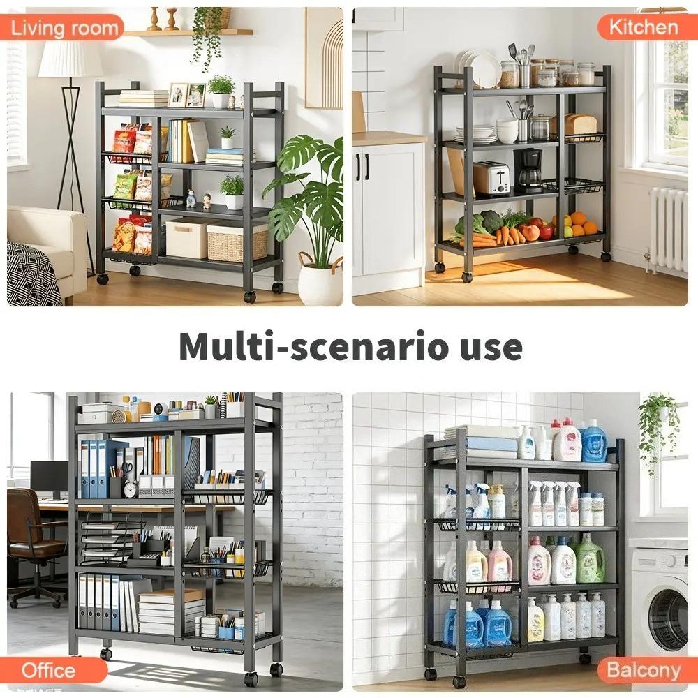 4‑Tier Heavy‑Duty Metal Kitchen Storage Cart Trolley with Wheels, Removable Fruit & Vegetable Baskets, Rolling Utility Organizer Rack, Multi‑Purpose Storage Shelf for Home Kitchen
