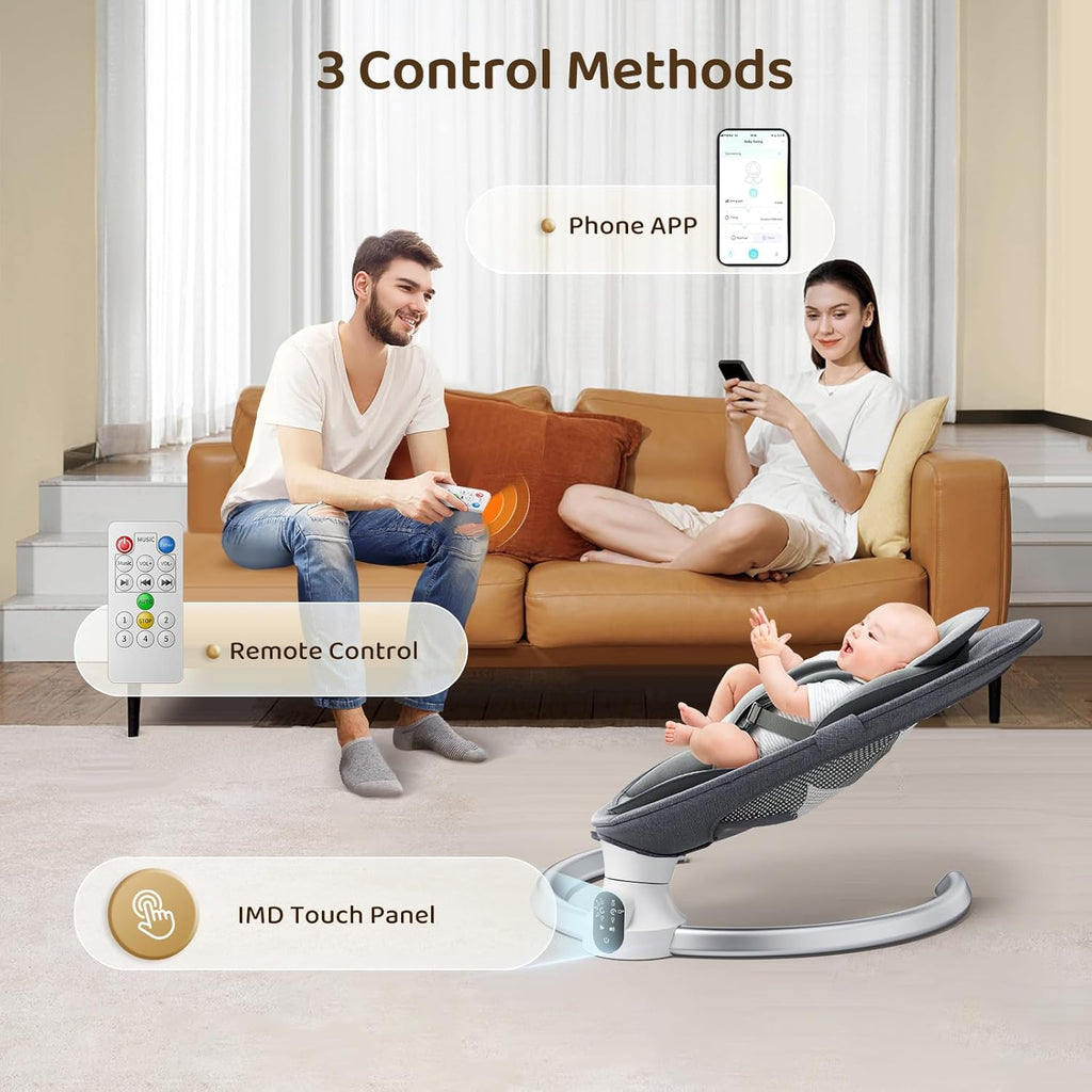 Electric Baby Swing for Infant, Upgraded 5 Point Harness Baby Bouncer Chair with 5 Swing Speeds 3 Timers and 10 Music, APP/Remote/IMD Panel Control Newborn Toddler Swing Chair (Light Grey)