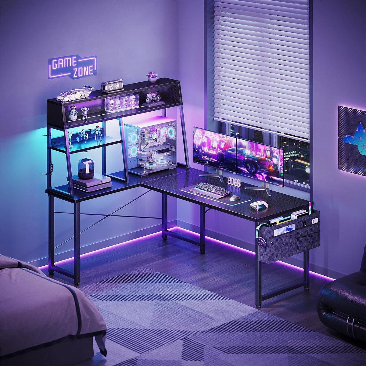 L Shaped Gaming Desk with Led Lights,  Reversible Corner Computer Desk with Display Shelves, PC Gaming Table with Storage Bag Black