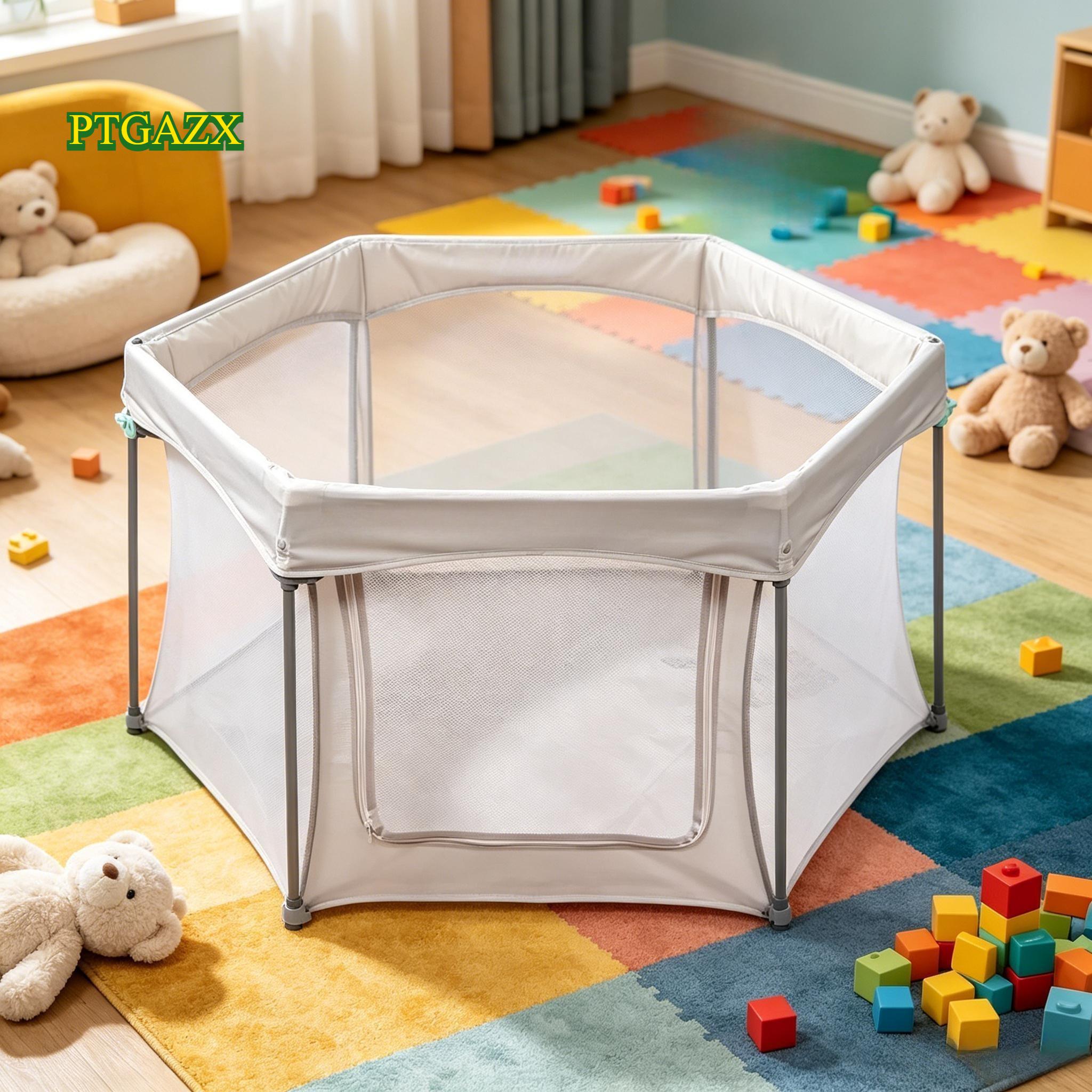 Foldable Hexagonal Baby Playpen with Breathable See-Through Mesh & Zipper Access Door, Compact 110×110CM Spill Resistant Play Yard with Carry Bag, Easy Wipe Clean Toddler Play Fence for Indoor Home Outdoor Park Travel