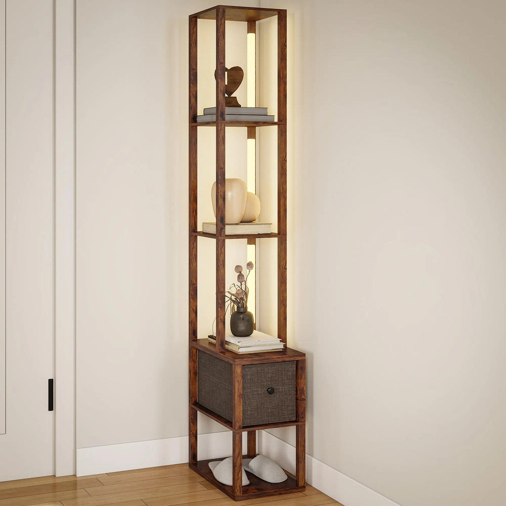 Modern Freestanding Column Floor Lamp, LED Standing Lamp with Multi-Layer Storage Shelves & Fabric Drawer, Adjustable Brightness with Foot Switch, Perfect for Living Room, Bedroom, Study and Office