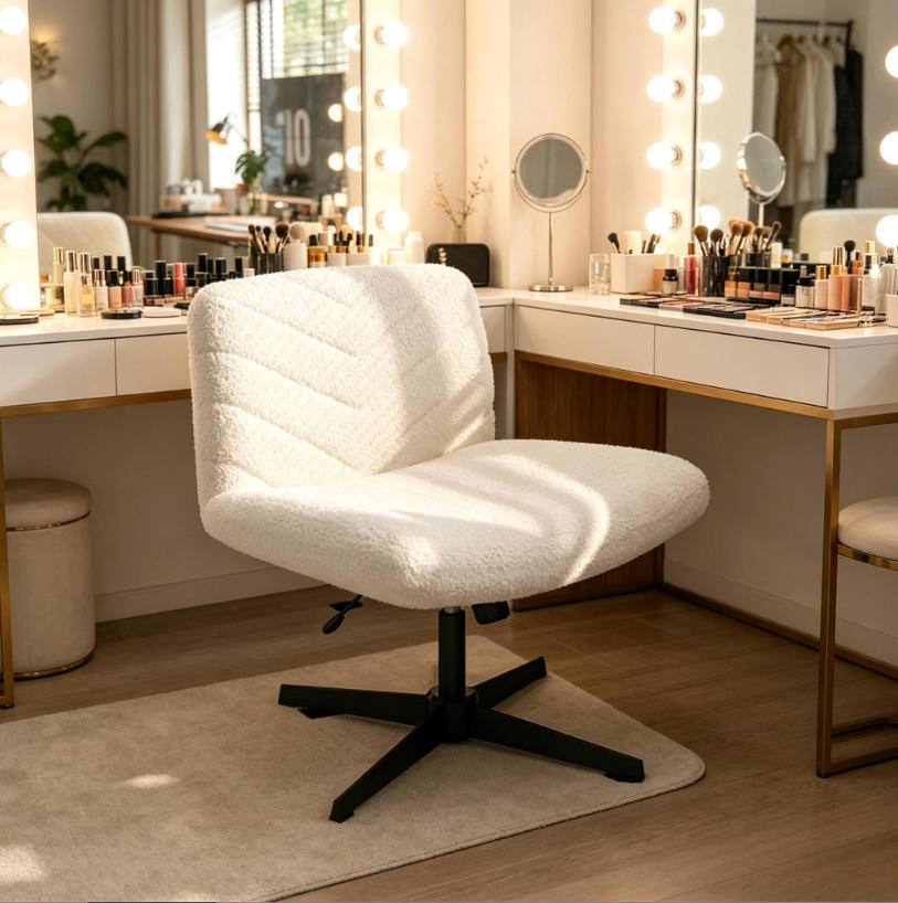 Armless Wide‑Seat Swivel Desk Chair, Adjustable Height X‑Base Mid‑Back Task Chair, Comfy Vanity Chair for Home Office, Study & Makeup