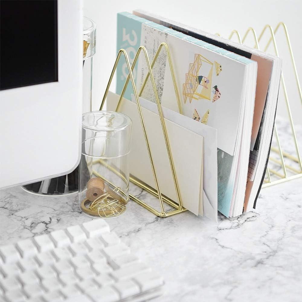 2 Pack Triangle Desktop Magazine File Holder Rack, Sturdy 9 Slot Iron Storage Book Sorter Organizer Bookshelf for Office Home Decoration (Gold)