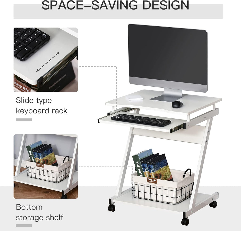 Movable Computer Desk with 4 Moving Wheels Sliding Keyboard Tray Home Office Workstation White