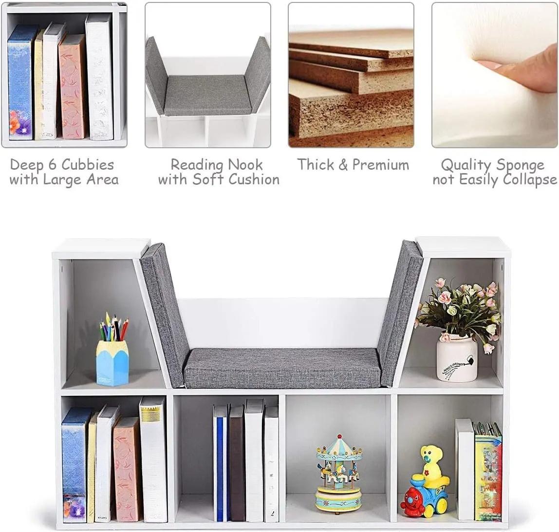 6‑Cube Kids Bookcase, Multi‑Functional Wooden Storage Organizer with Cushioned Reading Nook, Open Display Shelf Cabinet for Children Bedroom Playroom