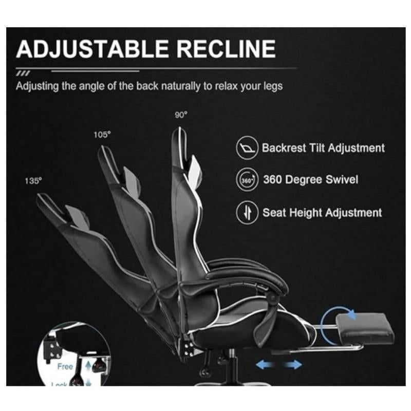 Ergonomic Gaming Chair with Footrest, High Back Racing Style Recliner, PU Leather Computer Chair with 360° Swivel, Adjustable Backrest, Lumbar Support & Headrest Pillow, Durable Comfort for Adults
