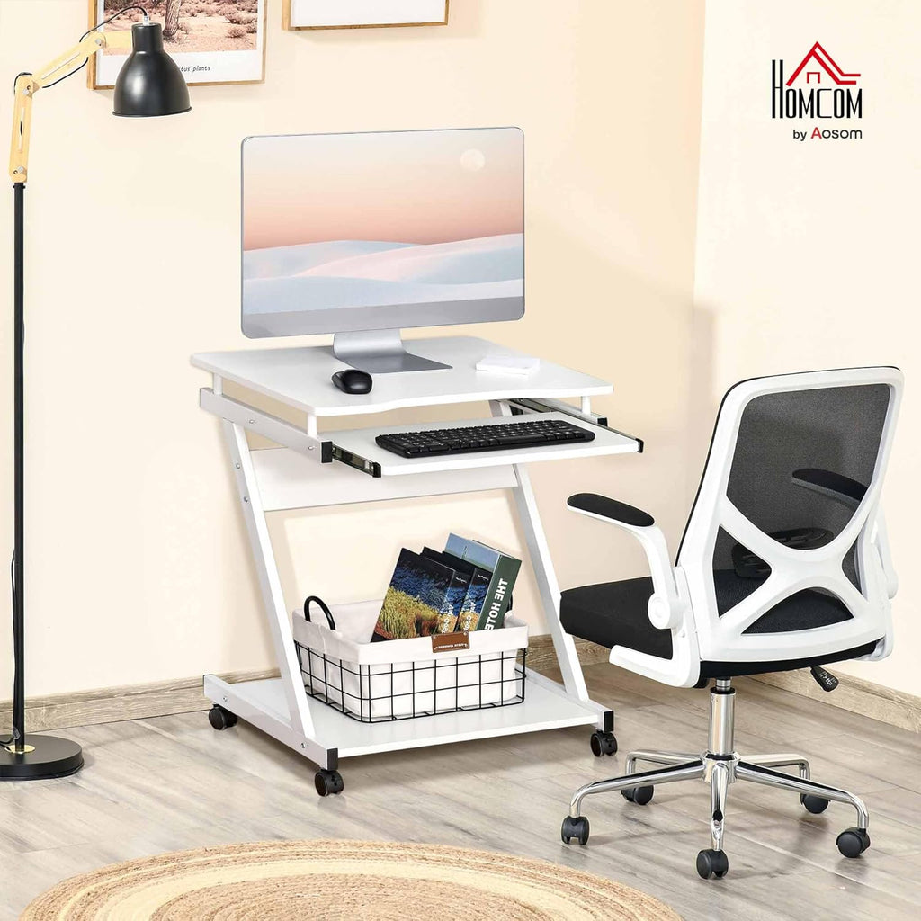 Movable Computer Desk with 4 Moving Wheels Sliding Keyboard Tray Home Office Workstation White