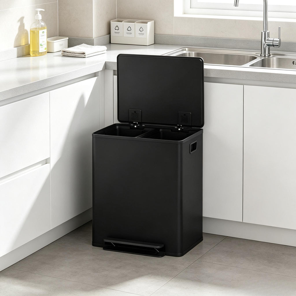 Dual Kitchen Recycling Bin, Stainless Steel Double Pedal Trash Bin with Soft‑Close Lid, Removable Inner Buckets with Handles, 2‑Compartment Sorting Waste Bin for Kitchen, Home, Apartment & Office Use