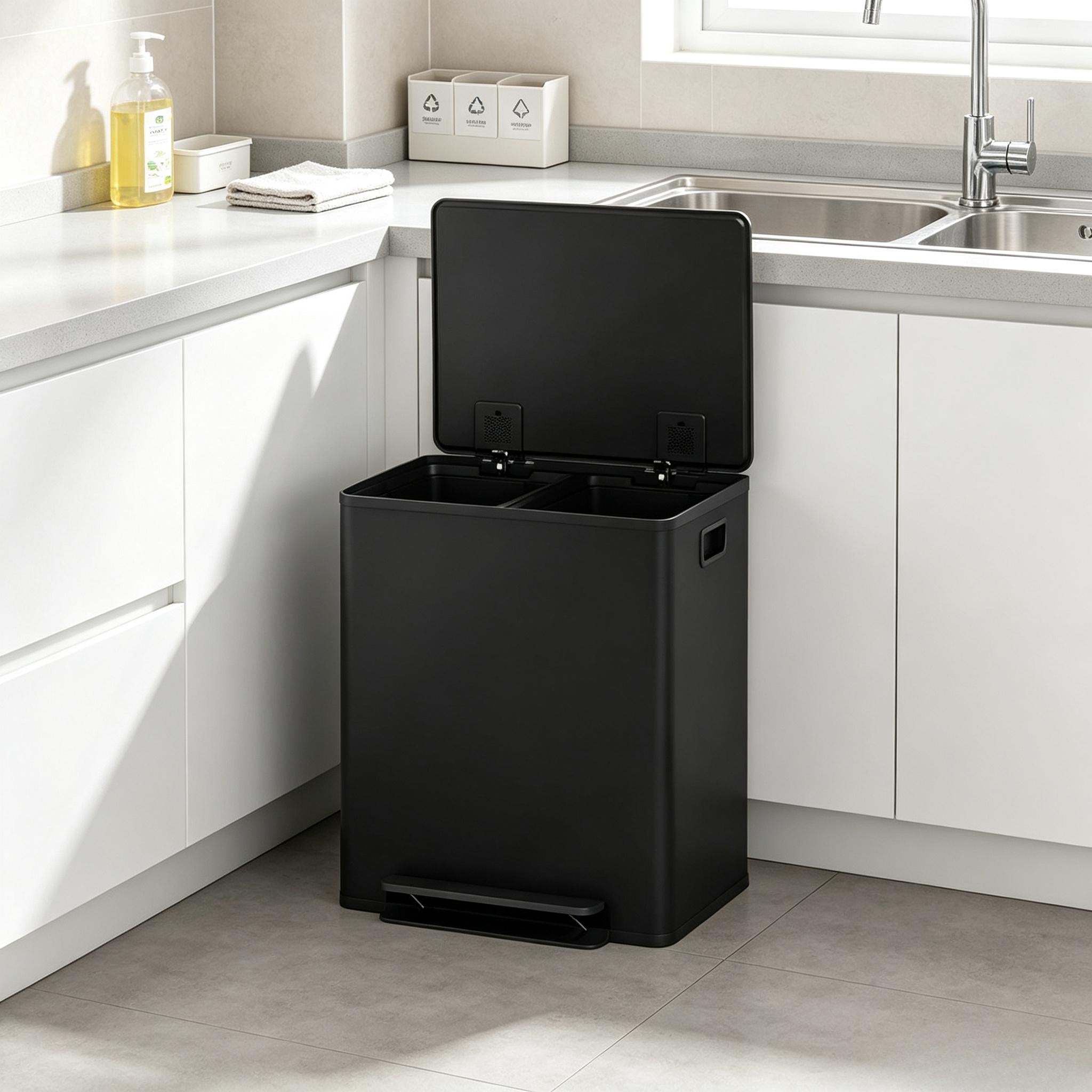 Dual Kitchen Recycling Bin, Stainless Steel Double Pedal Trash Bin with Soft‑Close Lid, Removable Inner Buckets with Handles, 2‑Compartment Sorting Waste Bin for Kitchen, Home, Apartment & Office Use