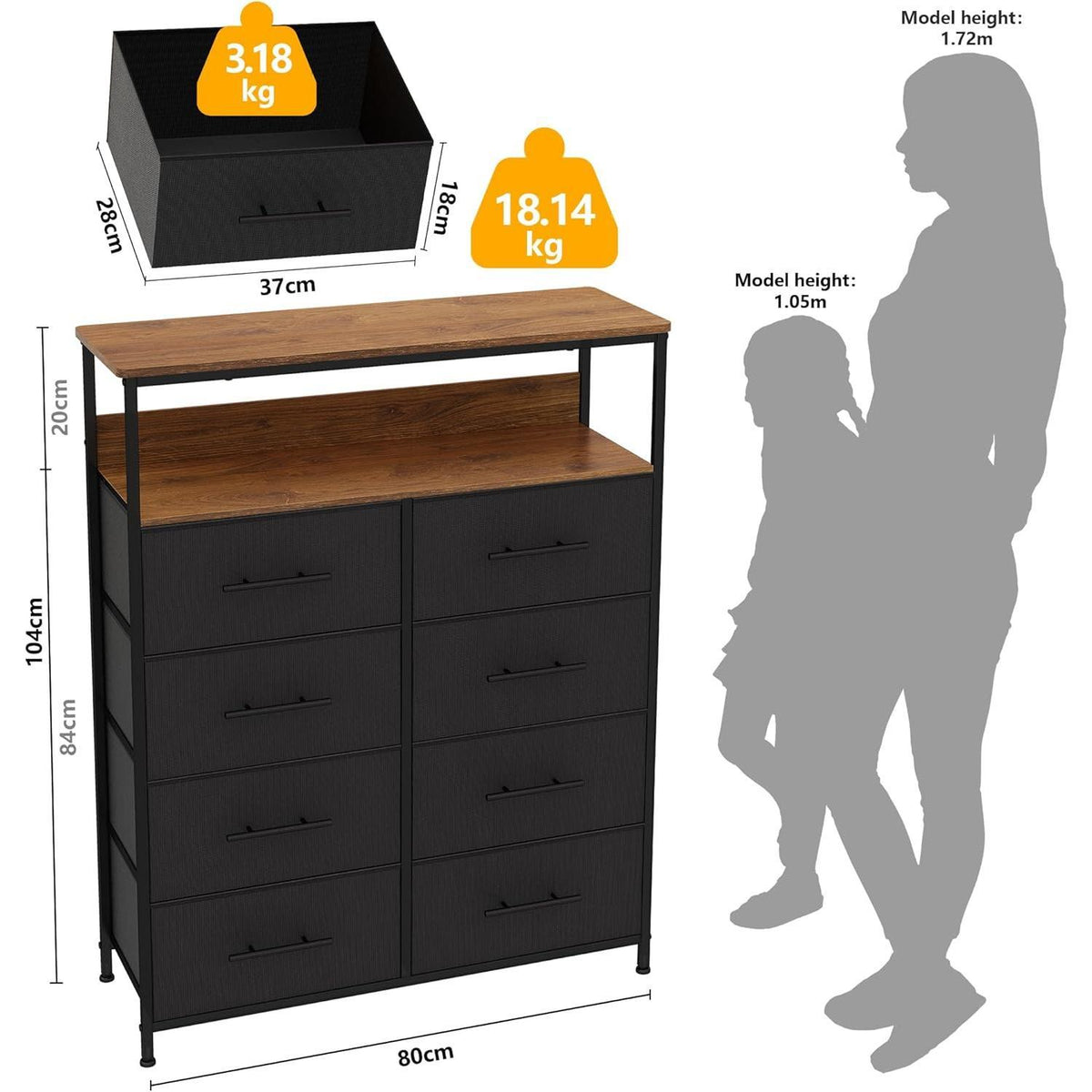 【NS】Dresser for Bedroom with 8 Fabric Drawers, Chest of Drawers, Tall Storage Organizer Unit with 2-Layer Shelves, TV Stand with Wooden Top and Sturdy Metal Frame (Black)