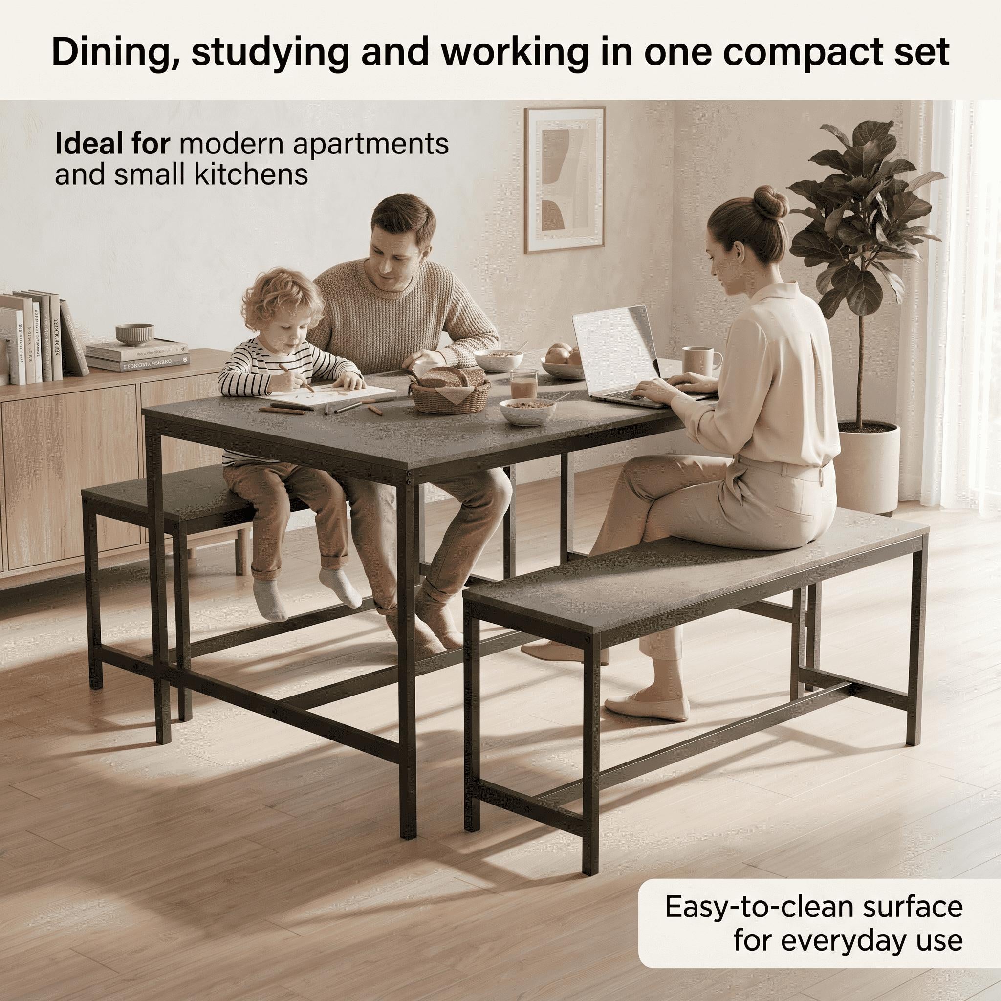 4 Seater Dining Set | Dark Wood | 3 Piece Dining Room Complete Set | 75H x 110W x 70D cm | with 2 Benches | Rustic | Solid Metal Frame | Industrial Design