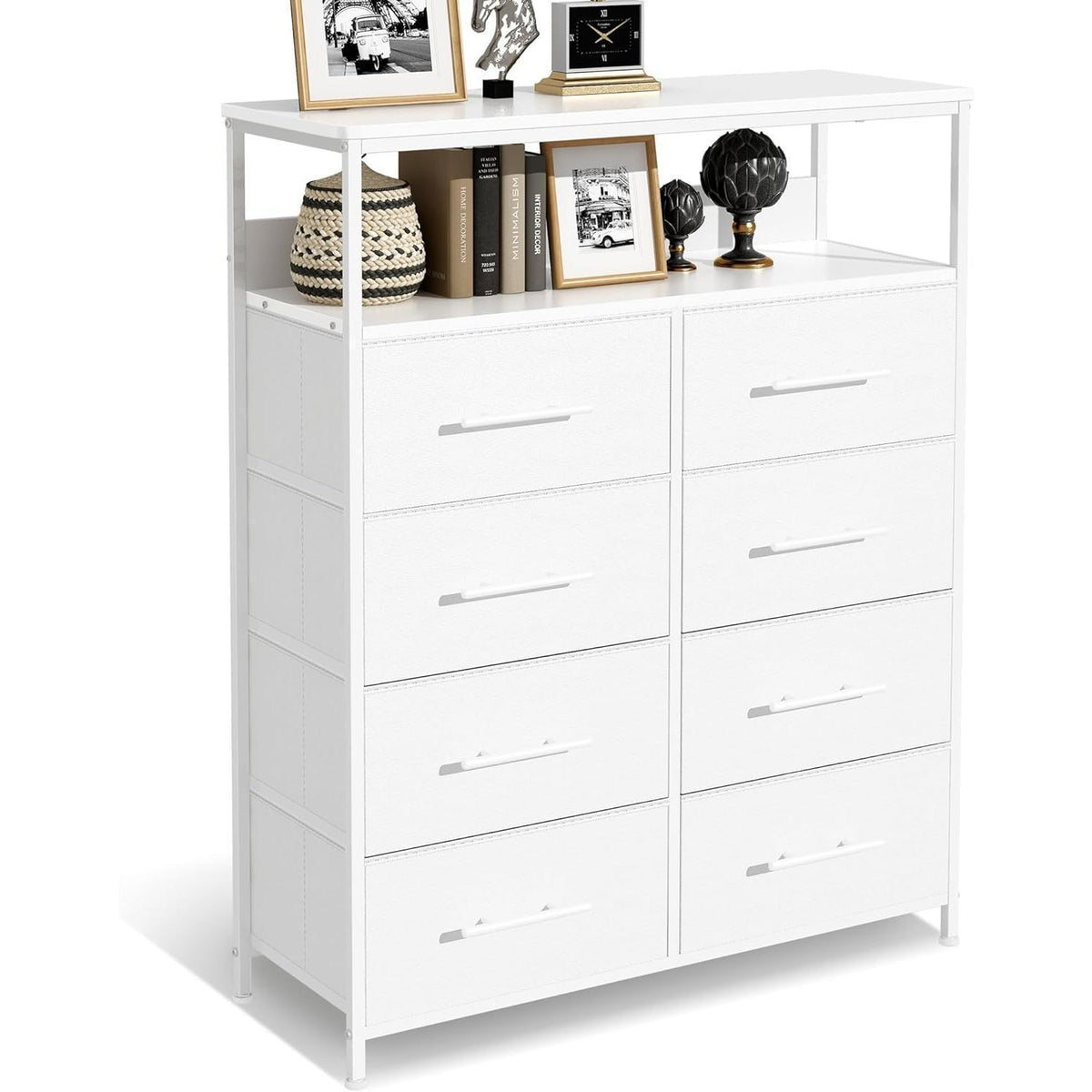 【NS】Dresser for Bedroom with 8 Fabric Drawers, Chest of Drawers, Tall Storage Organizer Unit with 2-Layer Shelves, TV Stand with Wooden Top and Sturdy Metal Frame (Black)