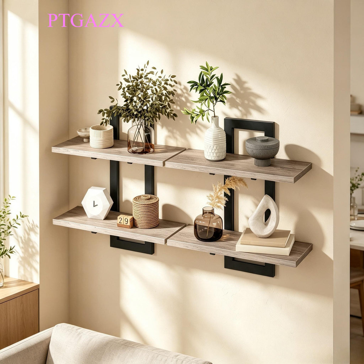 Set of 2 Double‑Tier Floating Wall Shelves, Wall‑Mounted Storage Display Racks, Heavy‑Duty Particleboard Metal Frame Wall Shelf for Kitchen Living Room Bedroom Bathroom Home Decor