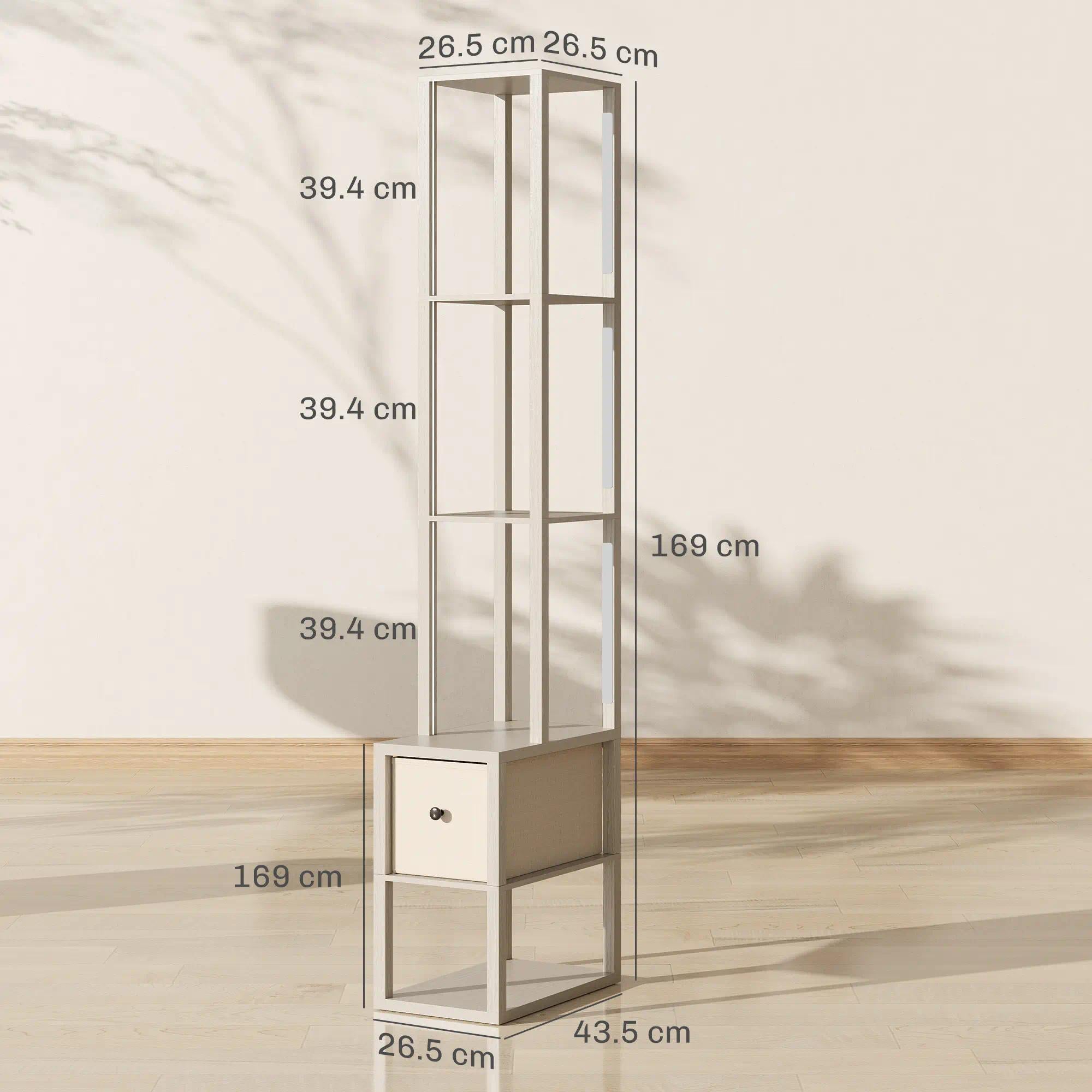 Modern Freestanding Column Floor Lamp, LED Standing Lamp with Multi-Layer Storage Shelves & Fabric Drawer, Adjustable Brightness with Foot Switch, Perfect for Living Room, Bedroom, Study and Office