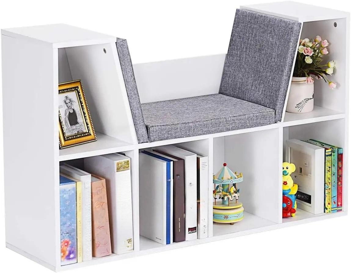 6‑Cube Kids Bookcase, Multi‑Functional Wooden Storage Organizer with Cushioned Reading Nook, Open Display Shelf Cabinet for Children Bedroom Playroom