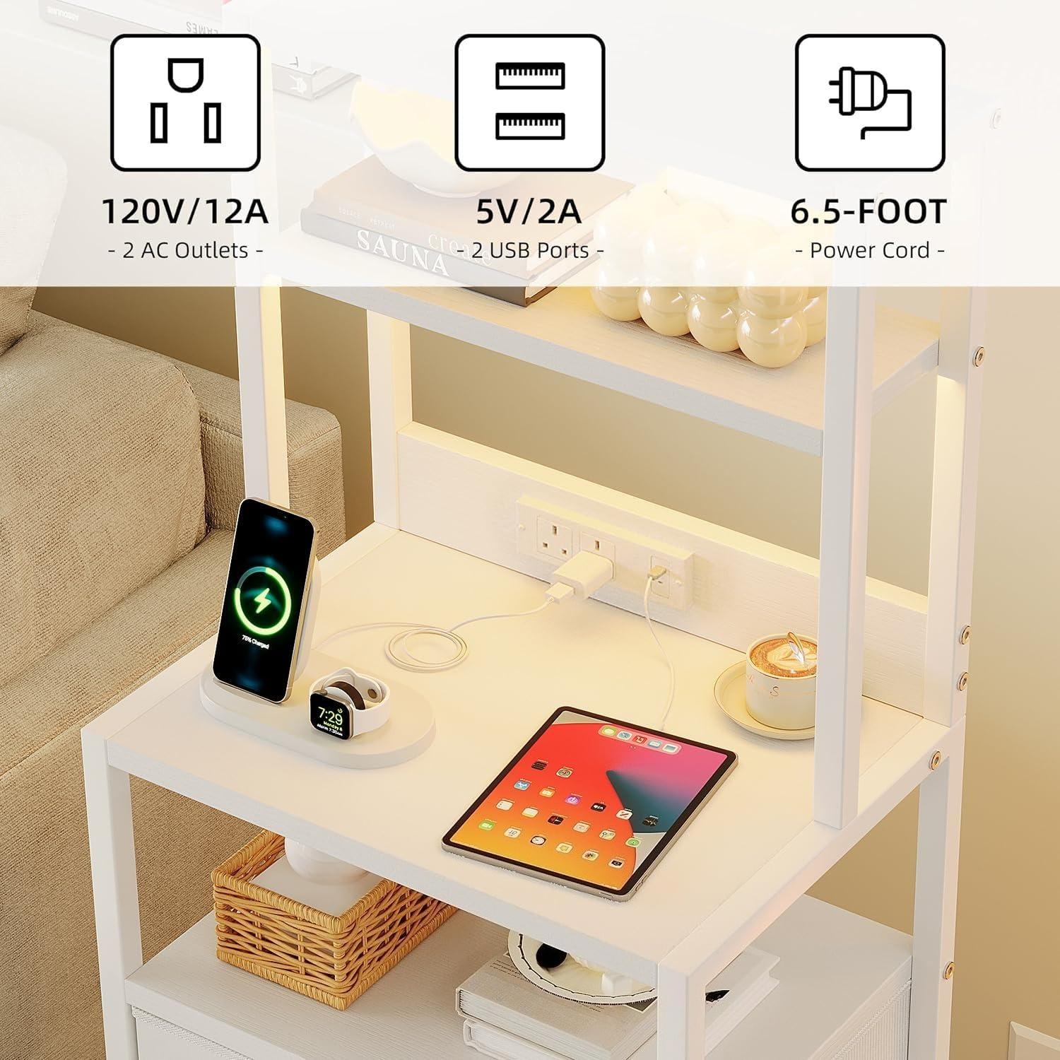 White Tall Nightstand with Charging Station & LED Light, 3 Fabric Drawers Chest for Bedroom, Living Room, Hallway [Plus A Free Gift]