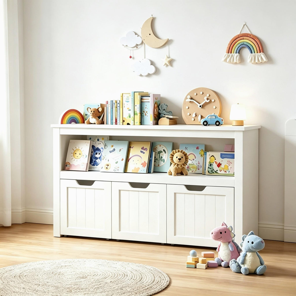 Kids Toy Storage Cabinet, Wooden Playroom Storage Chest with Wheel Drawers & Large Open Shelf, 2‑in‑1 Multi‑Functional Kids Storage Organizer for Toys Books Clothes, Activity Table for Boys Girls Bedroom Playroom