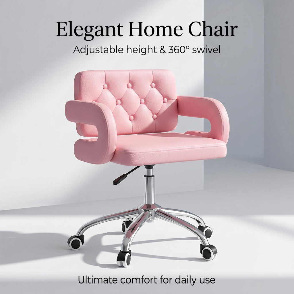 Faux Leather Swivel Office Chair, Height Adjustable Ergonomic Desk Chair, Vanity Chairs Lumbar Support and C-Armrests for Office Bedroom Living Room, Pink