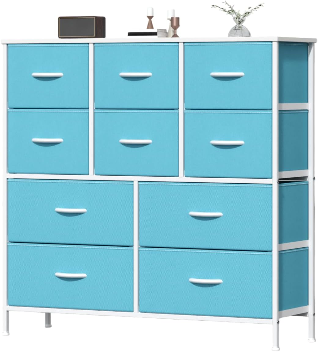 `10‑Drawer Fabric Storage Tower Dresser, Anti‑Tip Safe Chest of Drawers with MDF Wooden Top & Robust Metal Frame, Versatile Organizer Unit for Bedroom, Living Room & Home Office`