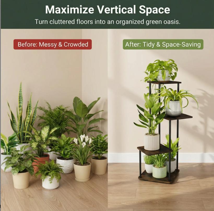 4/5 Tier Multilayer Indoor Plant Stand, Compact Corner Flower Pot Shelf, Space-Saving Vertical Display Rack with Iron MDF Frame, Easy Assembly Plant Storage Shelving for Living Room Balcony Home Garden Decor