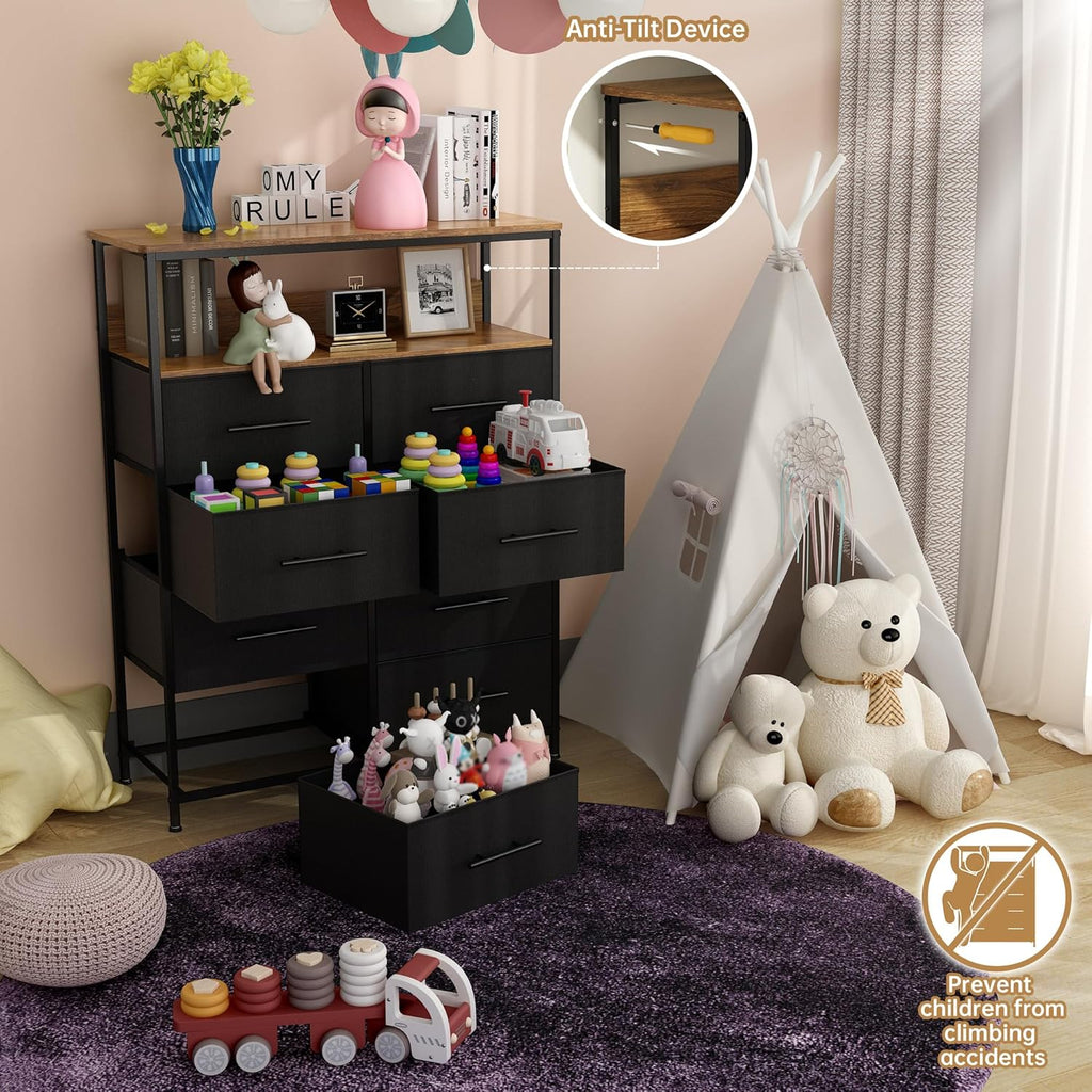 【NS】Dresser for Bedroom with 8 Fabric Drawers, Chest of Drawers, Tall Storage Organizer Unit with 2-Layer Shelves, TV Stand with Wooden Top and Sturdy Metal Frame (Black)
