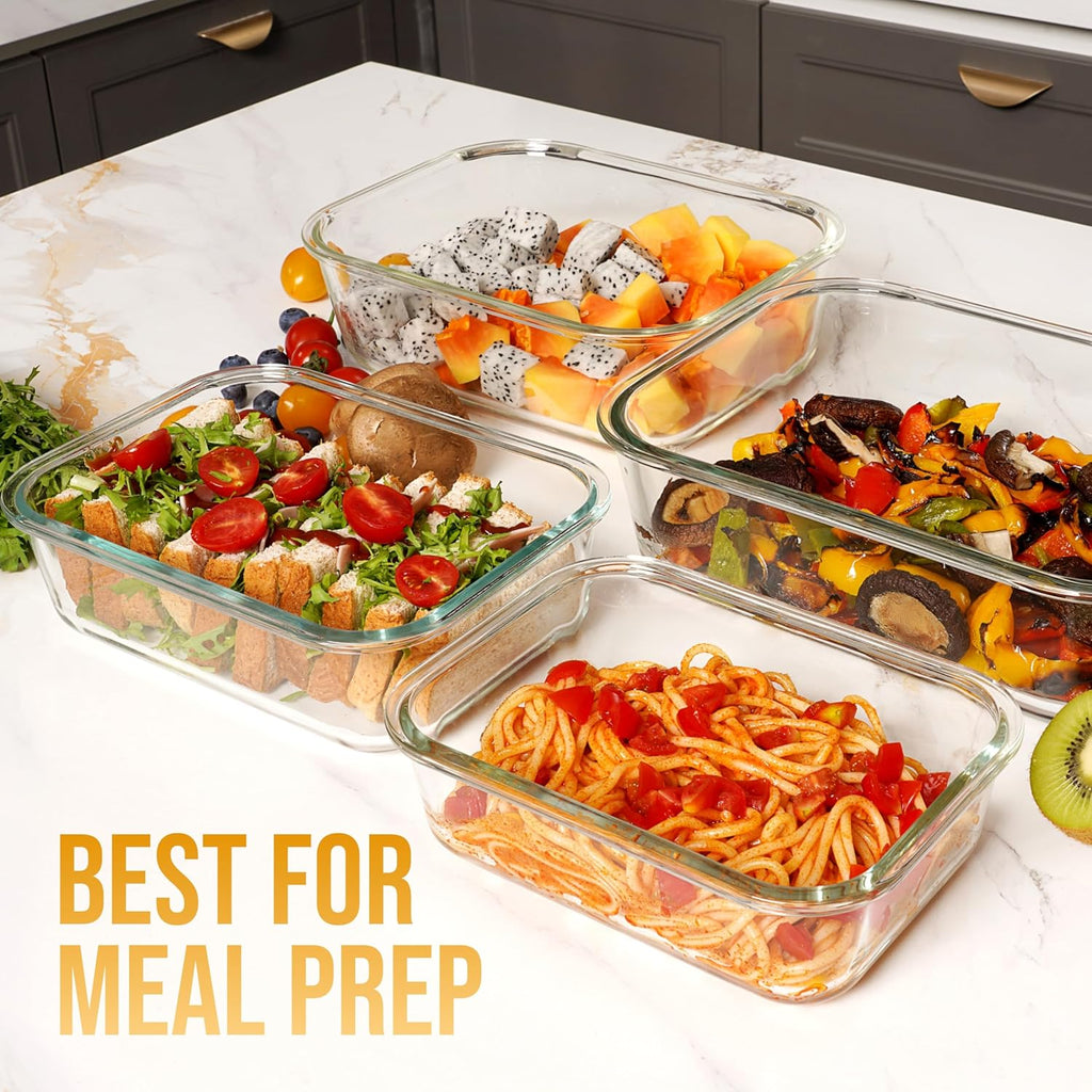 4-Pack Large Glass Food Storage Containers with Lids 2500ml 2260ml 1520ml 1050ml Microwave Oven Freezer Dishwasher Safe Meal Prep Containers