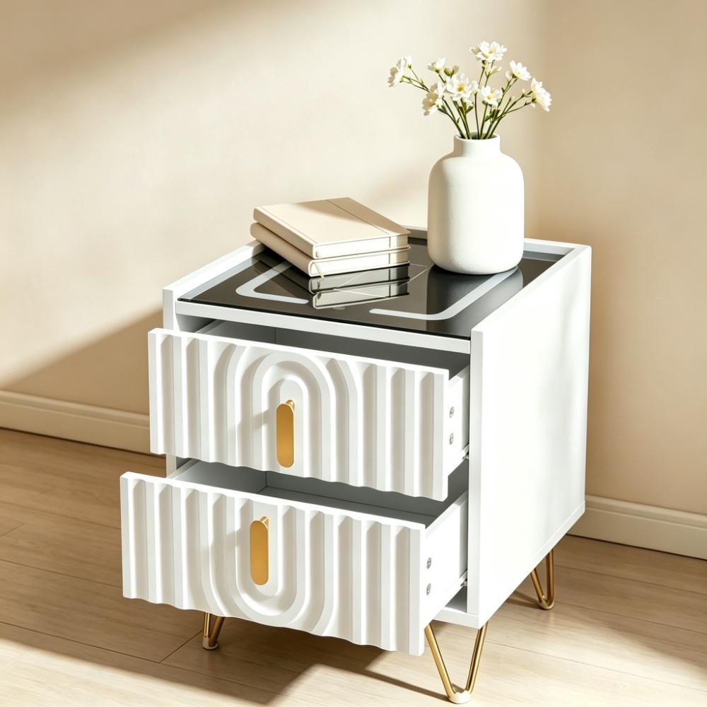 White & Gold Smart Nightstand with Fluted Drawer Fronts, Wireless Charging, Illuminated Glass Top, 2-Drawer Bedside Table [Plus A Free Gift]