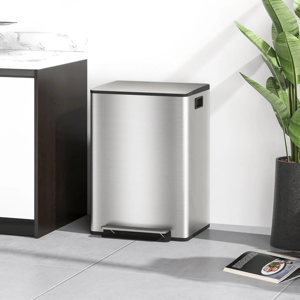 Dual Kitchen Recycling Bin, Stainless Steel Double Pedal Trash Bin with Soft‑Close Lid, Removable Inner Buckets with Handles, 2‑Compartment Sorting Waste Bin for Kitchen, Home, Apartment & Office Use