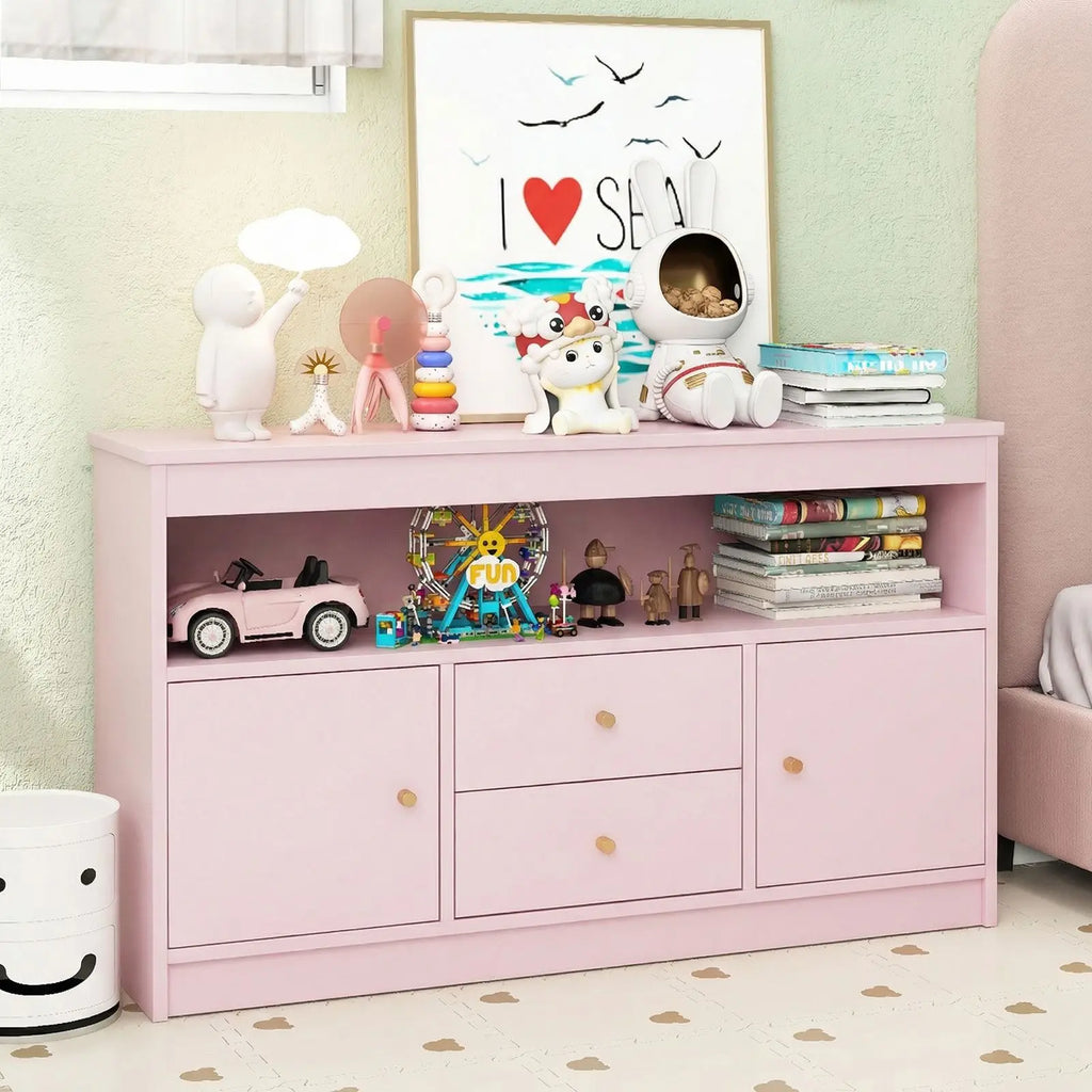 COSTWAY Kids Toy Storage Cabinet, Wooden Playroom Chest with Drawers and Large Open Shelf, Children Room Toys Books Storage Organizer for Boys Girls. For detailed product dimensions, please refer to the size chart in the product description.