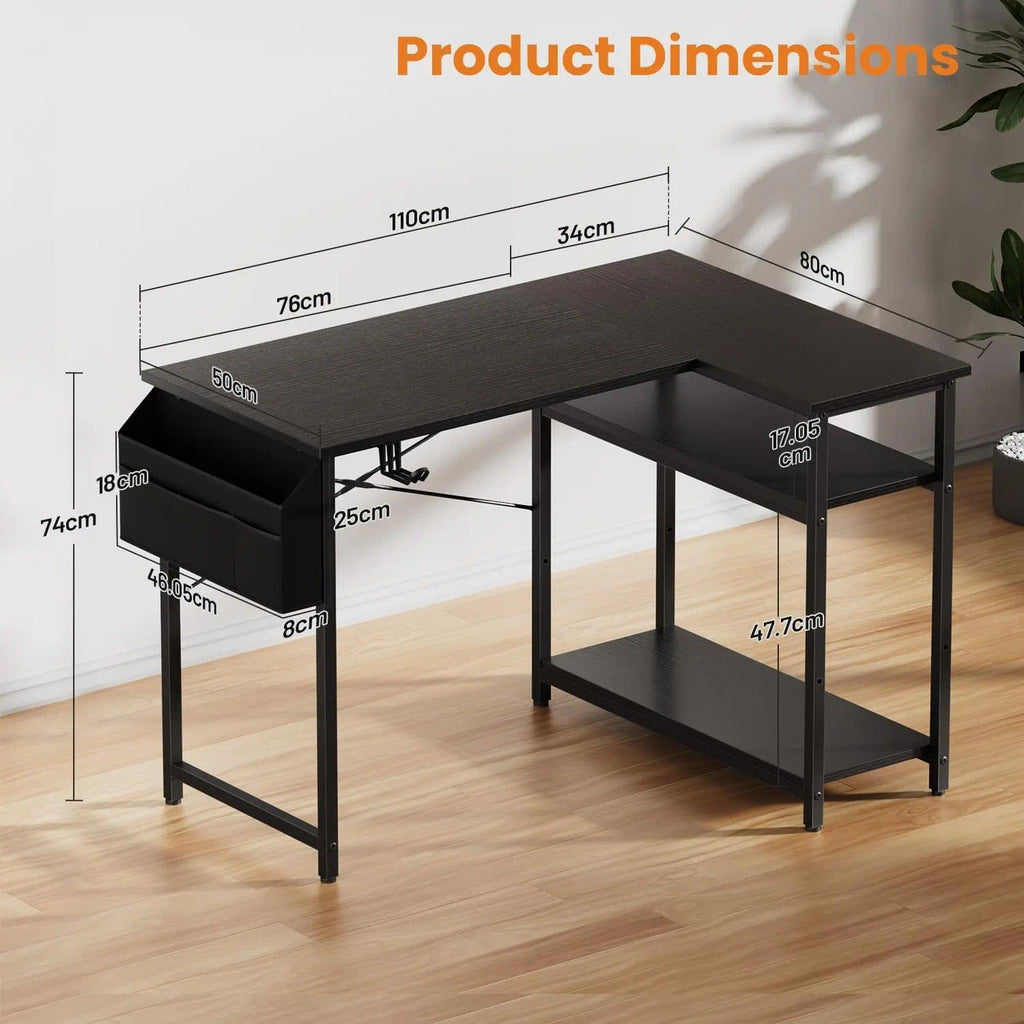 Small L‑Shaped Corner Gaming Desk, Reversible Storage Shelves Computer Desk with Storage Bag & Headphone Hook, Home Office Workstation for Study Writing Gaming