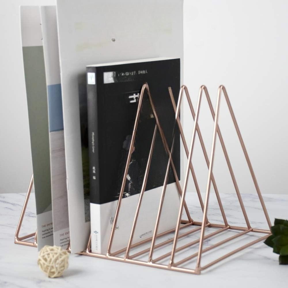 2 Pack Triangle Desktop Magazine File Holder Rack, Sturdy 9 Slot Iron Storage Book Sorter Organizer Bookshelf for Office Home Decoration (Gold)