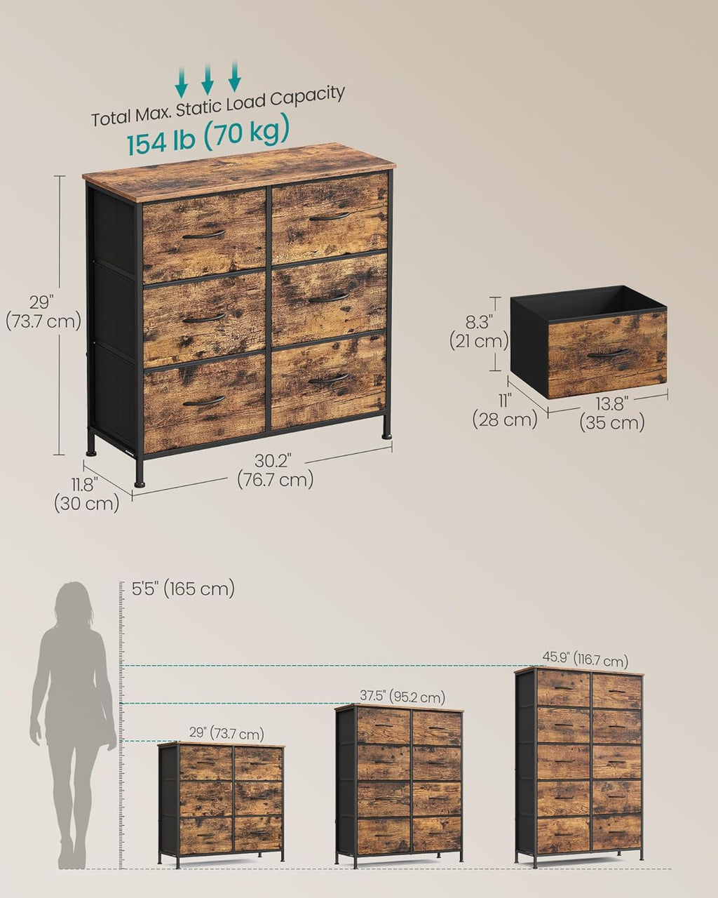 Rustic Brown 6 Fabric Drawers Chest of Drawers, Steel MDF Non‑Woven Storage Unit Dresser with Handy Handles Anti‑Tip Kit Adjustable Feet for Bedroom Closet Hallway Living Room