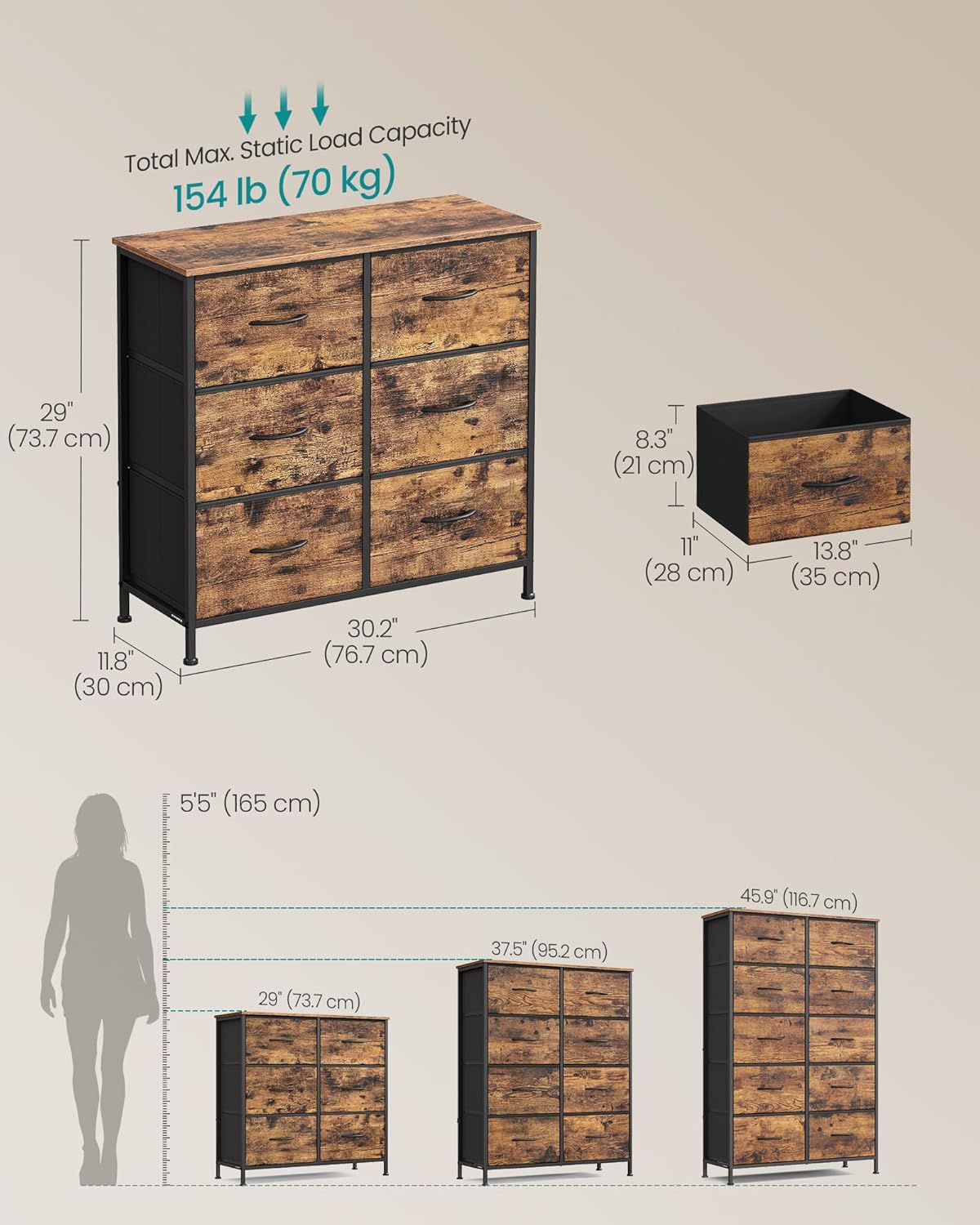 Rustic Brown 6 Fabric Drawers Chest of Drawers, Steel MDF Non‑Woven Storage Unit Dresser with Handy Handles Anti‑Tip Kit Adjustable Feet for Bedroom Closet Hallway Living Room